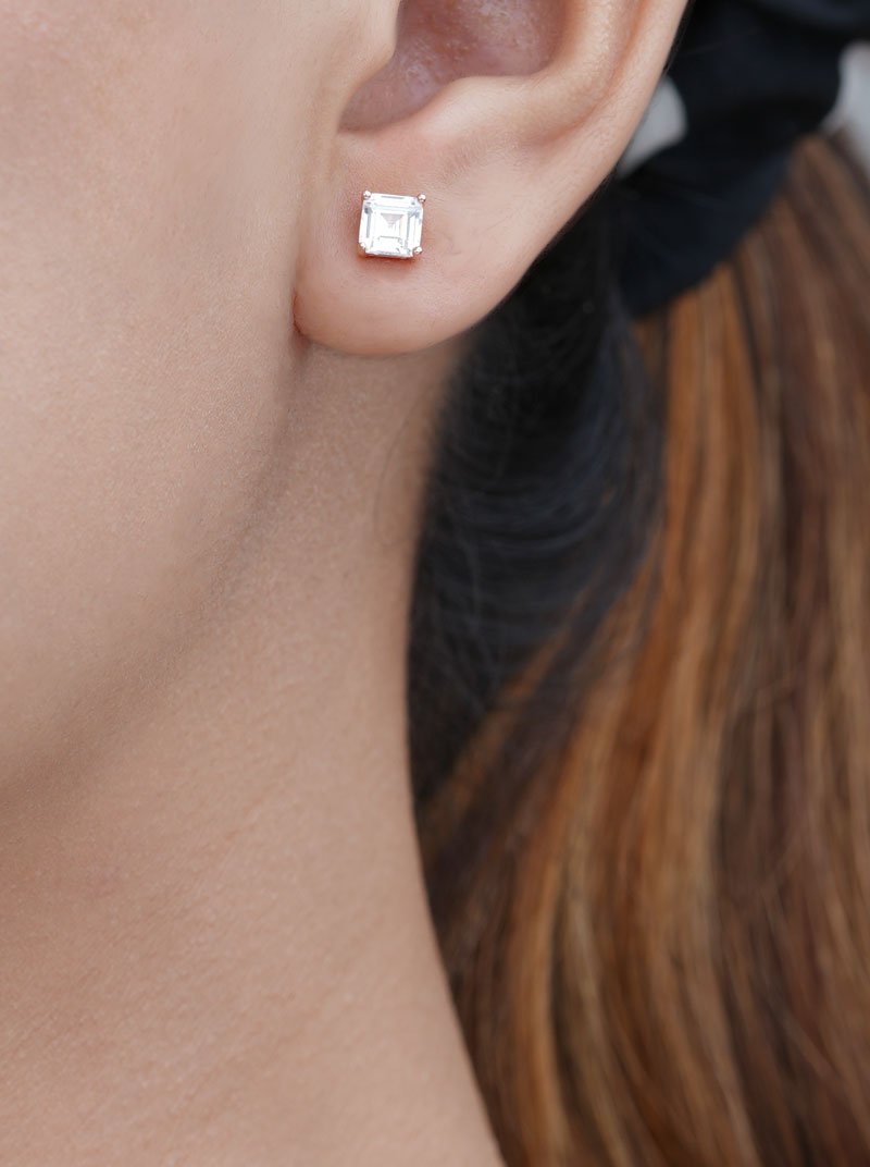 Baguette Square Stud Earrings (Pure Silver) - Rose Gold
